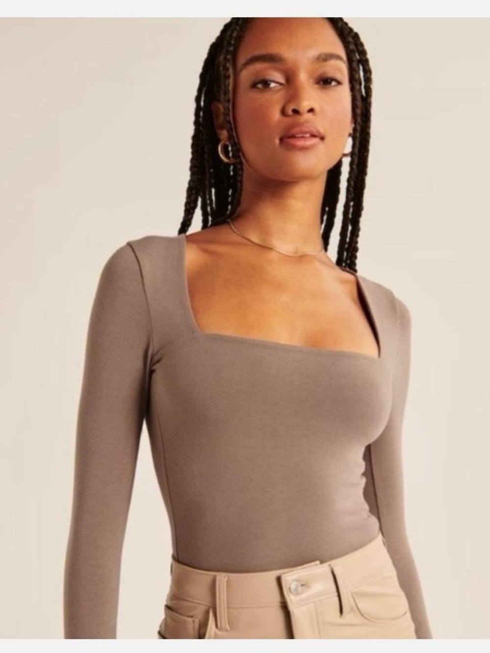 Abercrombie & Fitch Square Neck Long Sleeve Bodysuit in Taupe